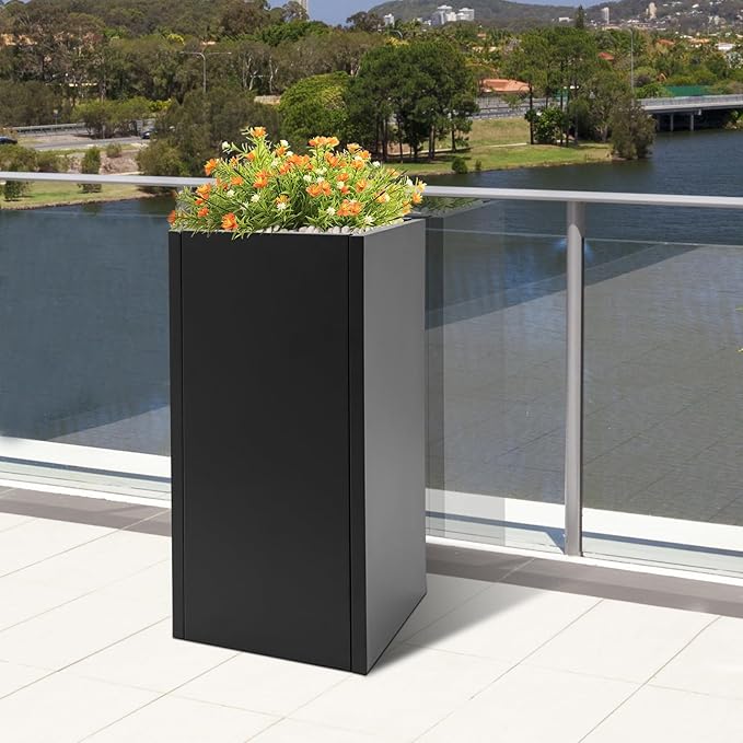 Metallic Heavy Outdoor/Indoor Planter Box, Seamless Large Metal Planter for Tall Trees, Plants, Flowers, No Assembly Required (Black, 14 * 14 * 30 inch)