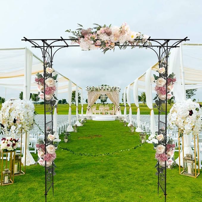 7FT Metal Garden Arch Trellis, Heavy Duty Metal Garden Arbor with Stakes for Climbing Plants Outdoor Patio, Stable Trellis Arch for Wedding Ceremony Party, 81" L x 16" W x 82" H, Black, 13mm