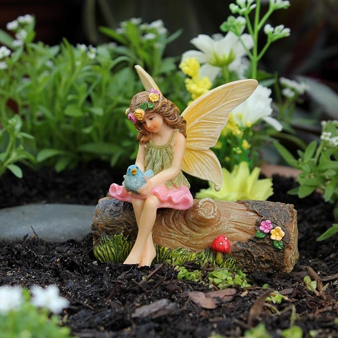PRETMANNS Fairy Garden Fairies – Cute Accessories for Indoor or Outdoor Miniature Garden - Figurine Vicky on a Decorated Log – 2 Items