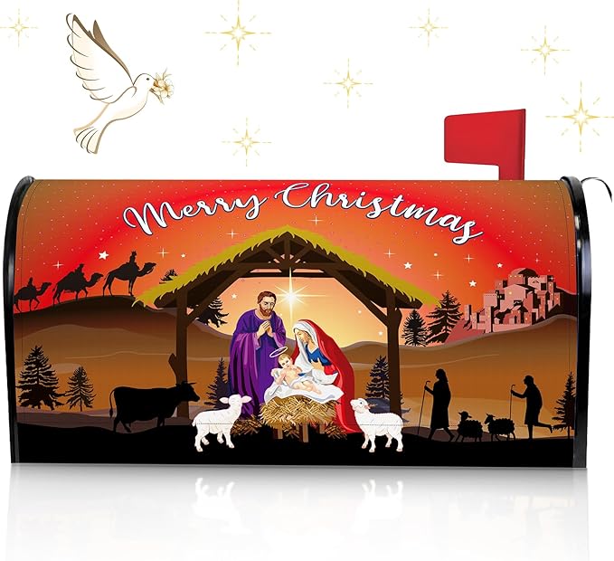 Blosssound Merry Christmas Magnetic Mailbox Cover Xmas Nativity Scene Mailbox Covers Decor Religious Red Christmas Post Box Standard Size 21 X18 Inch Garden Yard Outdoor Decoration