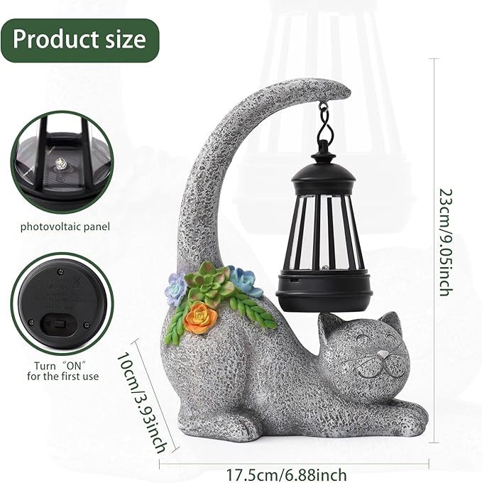 Garden Cute Cat Gnome Statue Decorations - Solar Resin Cat wtih Solar Garden Lights Outdoor Decorations Waterproof for Patio,Yard,Lawn,