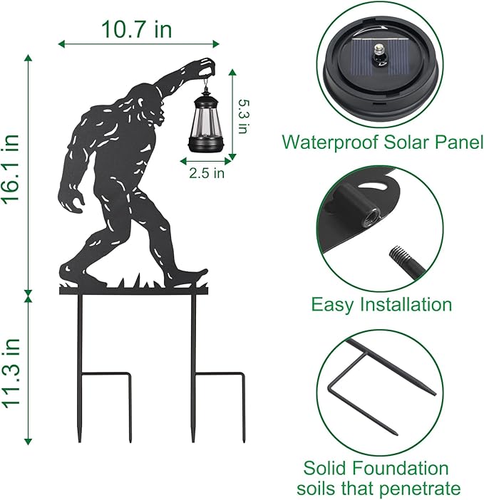 2Pack Solar Outdoor Garden Lights Stakes Solar Metal Bigfoot Lawn Deco Statue Black Bigfoot Patio Garden Decorative Stakes with Lantern Christmas Birthday Gifts for Women Mom and Grandma