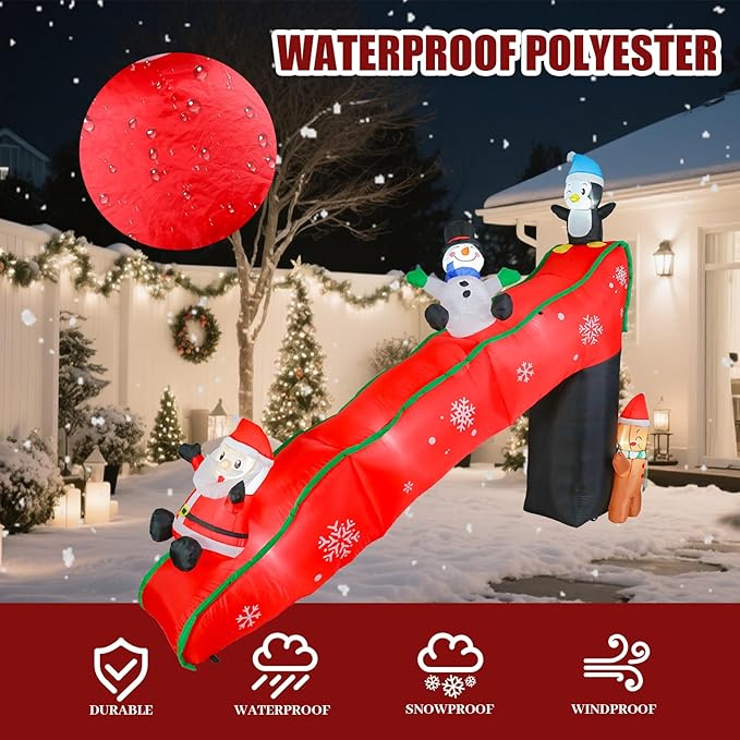 VCUTEKA Christmas Inflatables Outdoor Decorations, 9.7FT Snowy Slide with Santa, Snowman, Penguin, Gingerbread Man, Animated Christmas Inflatable Yard Decoration LED Lights for Holiday Lawn Garden