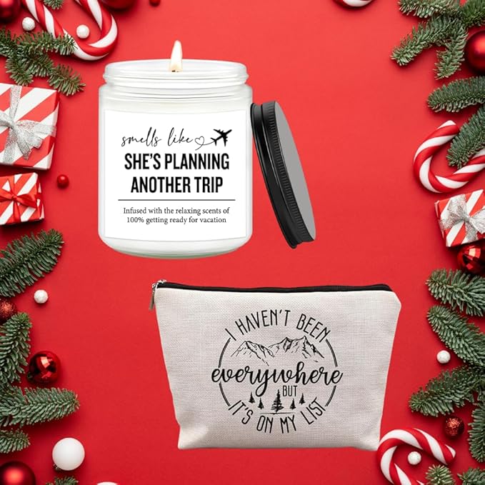 Travel Gifts for Women – 7OZ Scented Candle & Makeup Bag | Unique Gift for Women, Relaxing Aromatherapy, Stylish Cosmetic Bag for Travelers, Travel Christmas Gifts