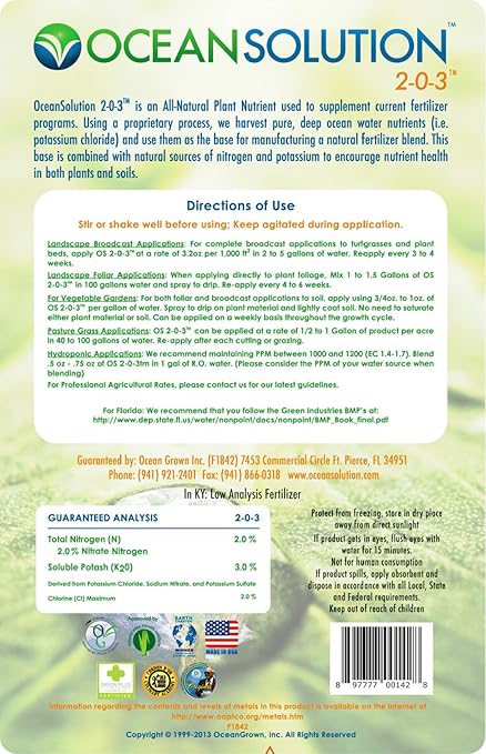 OceanSolution 2-0-3 All Natural Liquid Fertilizer – 1 Gallon Concentrated Mineral Fertilizer & Plant Food for Microgreens, Hydroponics, Gardens & Lawns–OMRI Listed, No Odor(1oz per Gallon of Water)