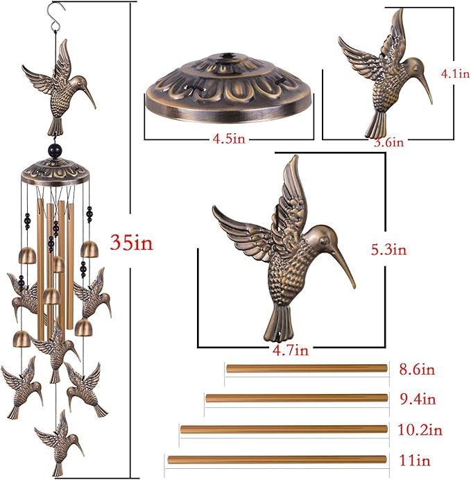 Solawindchime Outdoor Hummingbird Wind Chimes, Hummingbirds Bronze Wind Chimes, Gift Wind Chime, Hummingbird Wind Bell Gifts for Women, for Home, Garden, Indoor, Outdoor Decoration, Garden Wind Chime