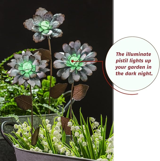 3 PCS Flower Stake Galvanized Metal Decoration for Garden & Outdoor, 13.8" H Glass Globe Glow in Dark Plant Pick Ornament Water-Proof Garden Art for Lawn & Patio