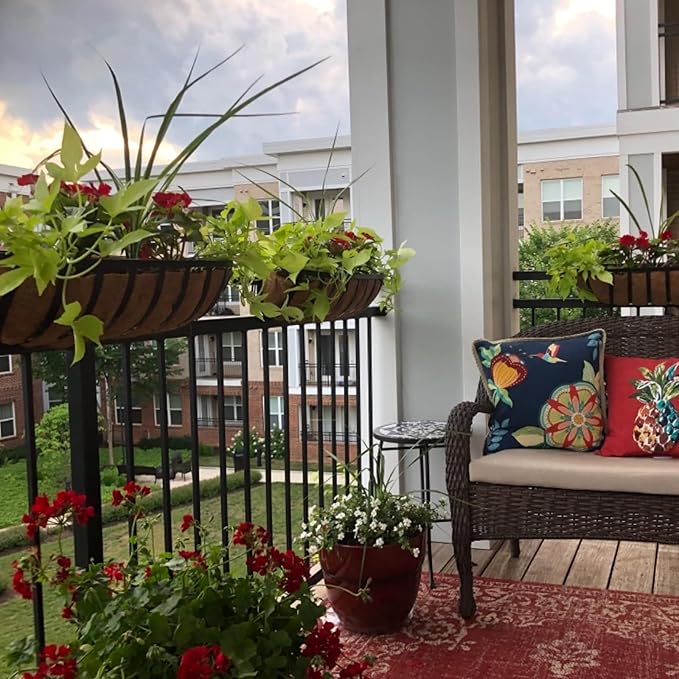 24“ Window Box Railing Planter with Coco Liner Metal Wall-Mounted Coconut Liner Planter Basket English Horse Trough Planters for Outdoor Deck Balcony Porch Fence Patio Black (2 Pack)
