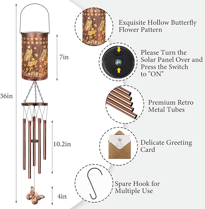 Wind Chimes for Outside Solar Lanterns Wind Chimes Outdoor Gifts for Women Grandma Christmas Decor (Butterfly Flower)