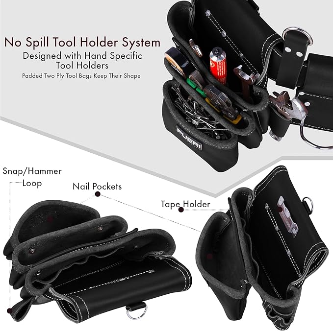 FUERI Leather Tool Belt With Suspenders Heavy Duty Bags Tool Pouches For Men Carpenters Construction Electricians Framers Womenn Workers