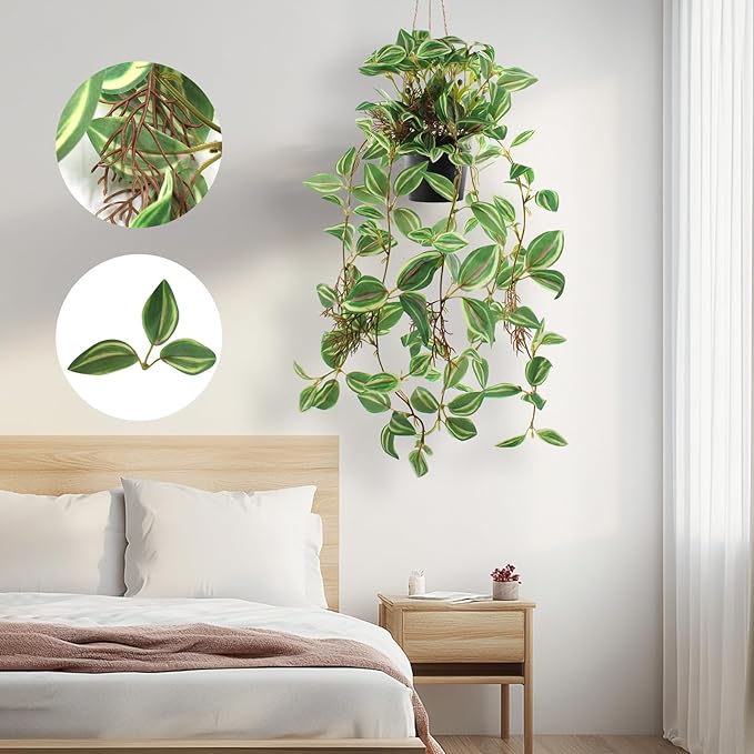 Artificial Hanging Ivy Plants Realistic 3D Watermelon Texture Faux Peperomia Leaves Fake Potting Vine Green Plants for Indoor Outdoor Home Garden Decor