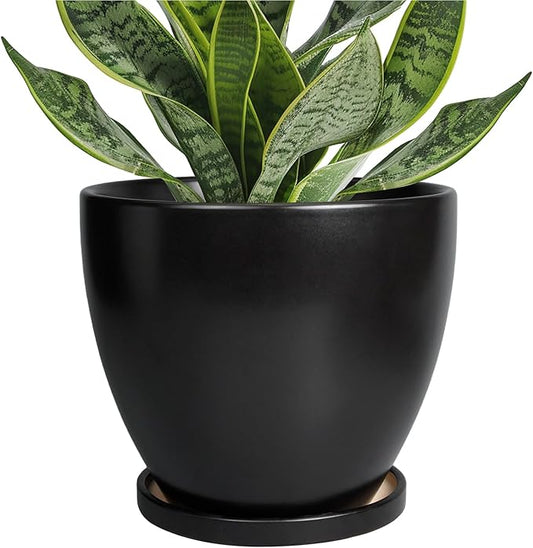 Ceramic Pots for Plants - 6.8 Inch Plant Pot with Drainage Hole and Saucer, Succulent Round Flower Planters for Indoor, Home Decor, Black