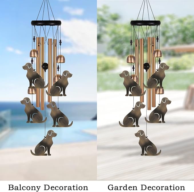 Bronze Dog Wind Chime, Gifts for Mom, Home, Garden, Balconies, Room, Patio, Indoor, Outdoor Decoration, Chimes, with 4 Aluminum Tubes 5 Dog Wind Catcher, Wind Bell Decor