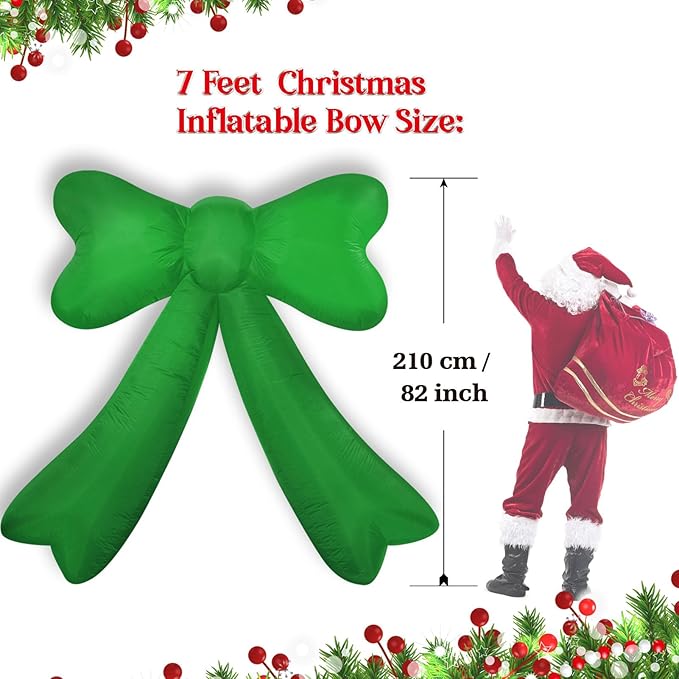 Christmas Inflatables Lighted Yard Lawn Inflatable Decoration with Built-in Fan and Stakes Ropes Holiday Party Decor, Christmas Decor (7FT-Green Bow)