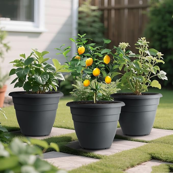 12 Inch Plant Pots, Large Planters for Outdoor Plants, Plastic Flower Pots - Durable and Lightweight with Drainage Holes (3 Packs, Gray)
