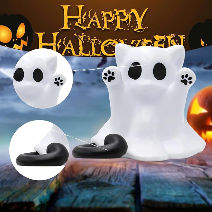 1 Pcs Halloween Ghost Figurine Cute Spooky Unique Cat Design Cartoon Mini Figurines Desk Ornament Decorations Indoor for Halloween Decor Home Table Bedroom Office Desktop Display Ornaments