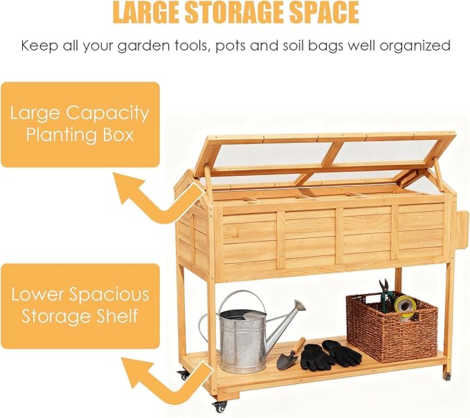 Raised Garden Beds Outdoor, Elevated Planter Box Cart On Lockable Wheels with Legs, Bed Liner,Storage Shelf,Seed Starter Tray for Backyard Patio Gardener Winter Outside (Minimalist Style)