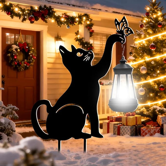 Black Cat Christmas Yard Decorations Outdoor - Solar Lights Outdoor Garden Decor Stake with Butterfly Decorative Metal Housewarming Ornament for Pathway Lawn Patio – Unique Gift for Woman Mom Grandma