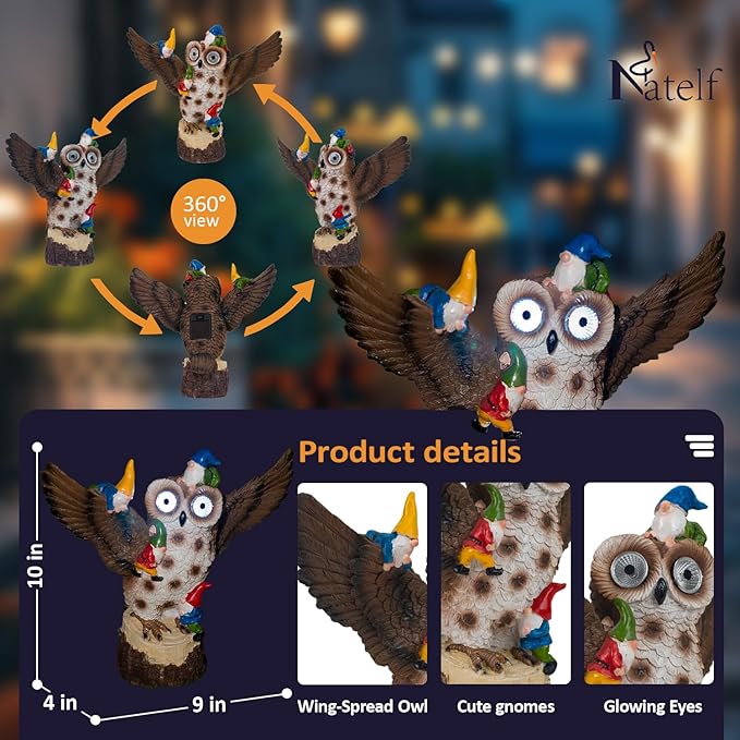 Natelf Solar Owl Garden Statue Light Outdoor Decor with LED Bird Yard Art, Waterproof Lawn Ornaments for Yard, Patio, Garden - Cute Birthday Gift for Women, Mom, Grandma