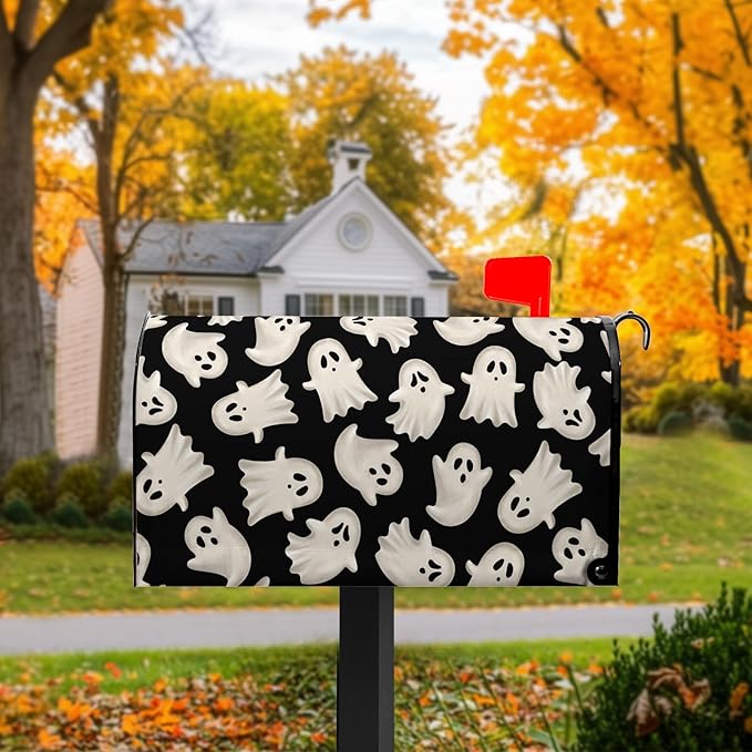 Ghost Mail Box Covers Magnetic Standard Size 21x18 inch Halloween Spooky Mailbox Cover Black Post Letter Box Cover Wraps for Outdoor Garden Decor
