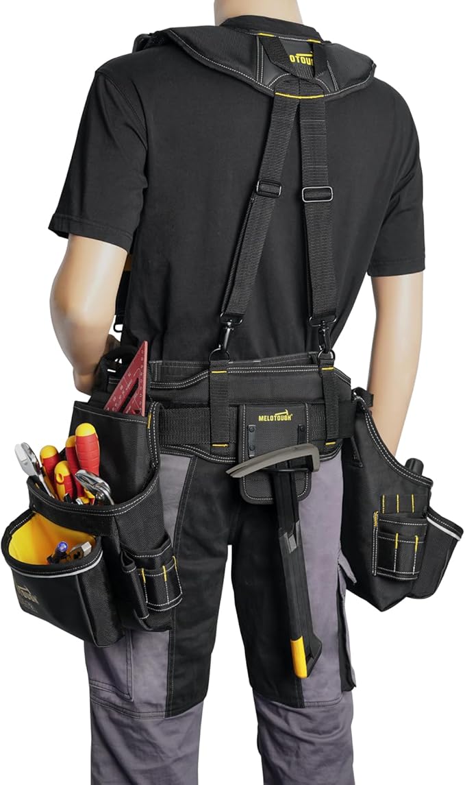 MELOTOUGH Carpenters Tool Belt with Suspenders Professional Tool Belt Combo Organizer With Tool Pouch Suspenders with 32 Pockets and Loops fits 33"-47"Waist for Electrican/Contractor/Technican(Yellow)