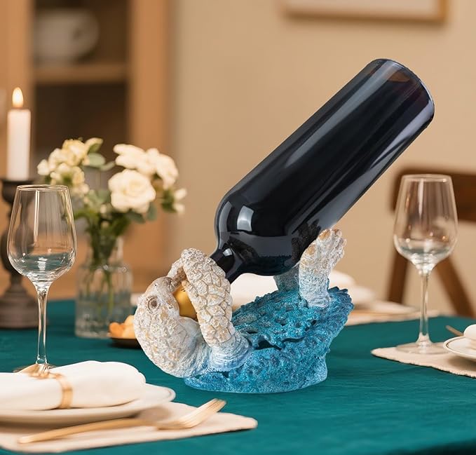 VVGIFTS Sea Turtle Decorative, Figurine Sea Turtle Wine Bottle Holder, Coral Reef Design Coastal Beach Decor, Resin Statue for Home Desk Tabletop, Ornament Gift Decorations (Aqua Blue)