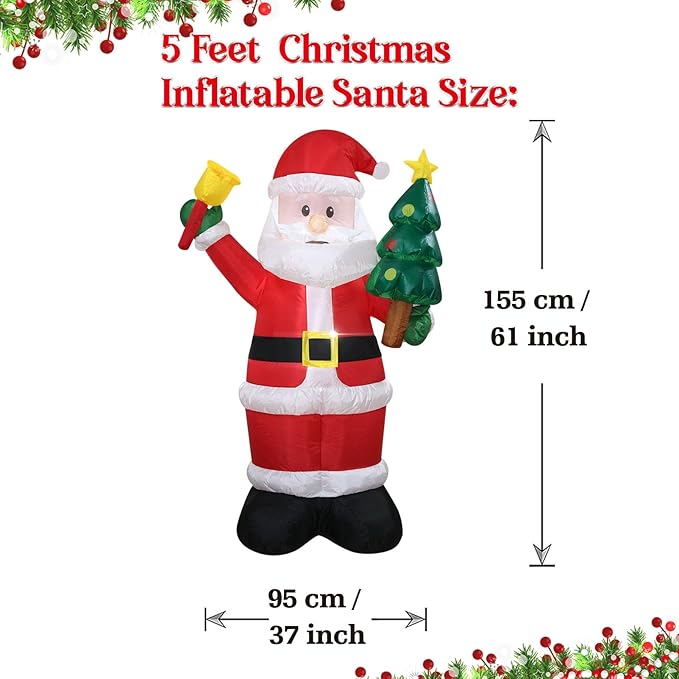 Christmas Inflatables Santa Holds Tree Bell Lighted Yard Lawn Inflatable Decoration with Built-in Fan and Stakes Ropes Holiday Party Decor, Christmas Decor (5FT-Santa Hold Tree & Bell)