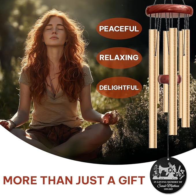 Personalized Sewing Memorial Wind Chime – “in Loving Memory of” Golden Engraved Sewing Machine Design – Custom Name & Years Sympathy Gift for Loss of Loved One – Memorial Windchimes for Craft Lovers