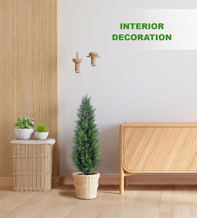 Two 3FT Tall Artificial Evergreen Trees, Beautiful and Realistic Human-Potted False Cypress, an Evergreen Plant for Home Porch Decoration,suitable for interior, office, living room and room decoration