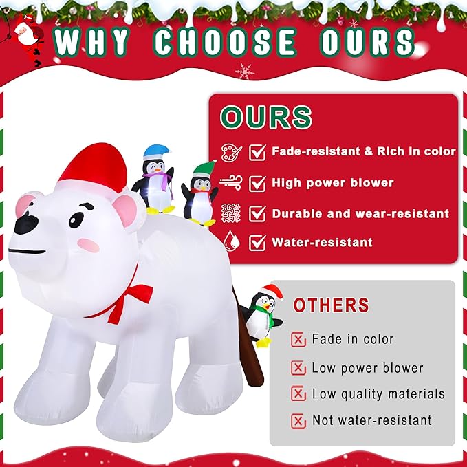 8FT Long Christmas Inflatables Decorations, Outdoor Penguins & Polar Bear Giant Blow Up with Built-in LED Lights for Yard Garden Lawn Holiday Decor