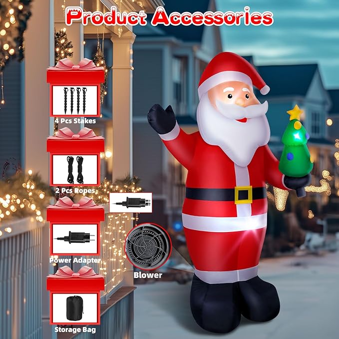 8FT Christmas Inflatable Santa, Large Blow up Santa Claus Yard Decoration Built-in LED Lights, Outdoor Santa Inflatable Christmas Decoration for Xmas Holiday Garden Lawn Patio