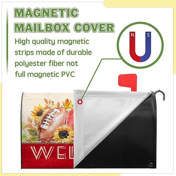 Welcome Fall Mailbox Covers Autumn Football Mail Box Cover Magnetic Standard Size 21x18 inch Sunflower Pumpkin Maple Leaf Mailbox Wraps for Outside Garden Yard