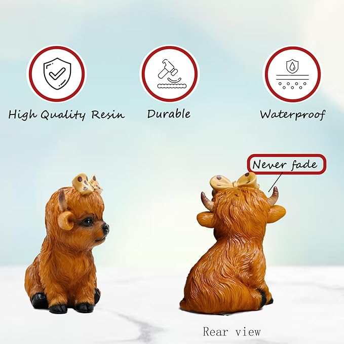 Highland Cow Figurine for Tie a Bow Decor, Highland Cows Themed Gifts for Women, Resin Figures Home Desk Decorations Accents (Brown) (1, Highland Cow Figurine(Brown))