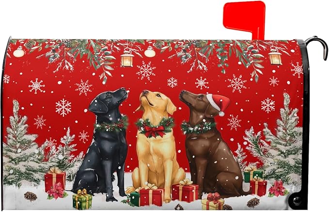 Christmas Dog Mailbox Cover with Magnetic 25.5x21 Inch Xmas Puppy Trees Winter Snowflakes Waterproof Mailbox Wrap Letter Post Cover Large Size for Garden Yard Outdoor New Year Decor