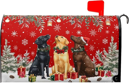 Christmas Dog Mailbox Cover with Magnetic 25.5x21 Inch Xmas Puppy Trees Winter Snowflakes Waterproof Mailbox Wrap Letter Post Cover Large Size for Garden Yard Outdoor New Year Decor