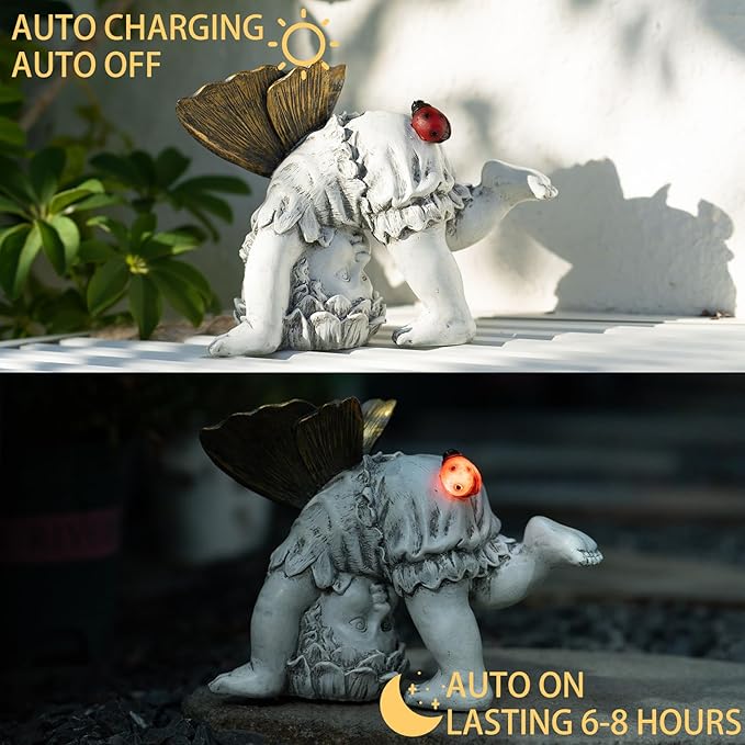 Fairies for Fairy Garden Solar Decor - Fairy Figurines Resin Outdoor Statues Ornaments with Light up Ladybug for Patio,Lawn,Yard,Porch,Outside Angel Gifts