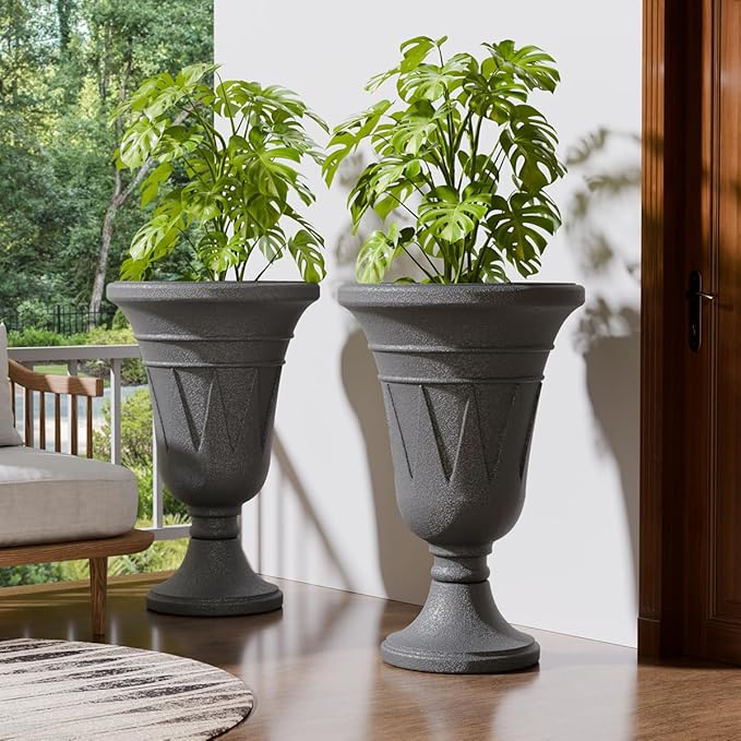 Tall Plastic Urn Planters for Outdoor Plants Set of 2-23.6" H Classic Trophy Design Indoor Large Flower Pots with Drainage Holes, Outdoor Planters for Porch Decor/Garden Vase, Grey
