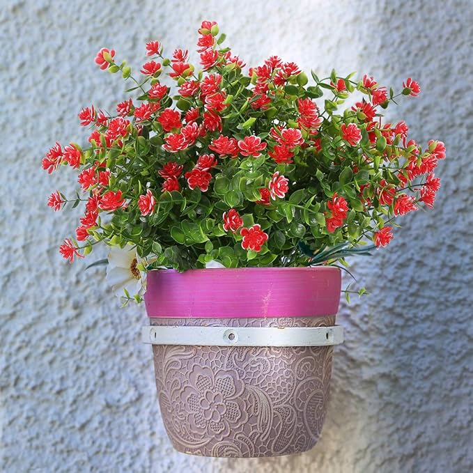 6 Bundles Artificial Flowers, Fake Artificial Greenery UV Resistant No Fade Faux Plastic Plants for Wedding Bridle Bouquet Indoor Outdoor Home Garden Kitchen Office Table Vase (Red)