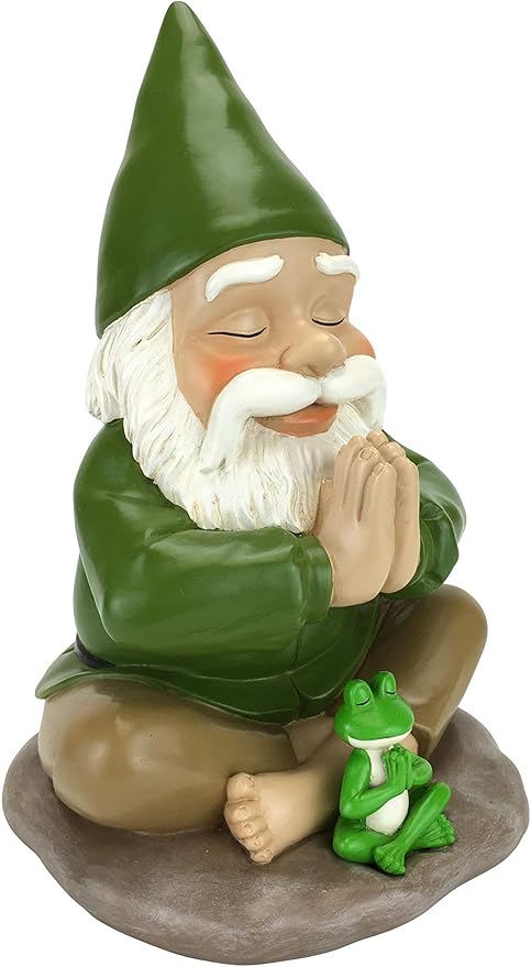 GlitZGlam Zen Gnome and Zen Frog - Namaste– Tranquility and Peacefulness for Your Fairy Garden and Garden Gnomes A Large 9¼ Inches Tall Miniature Gnome Figurine
