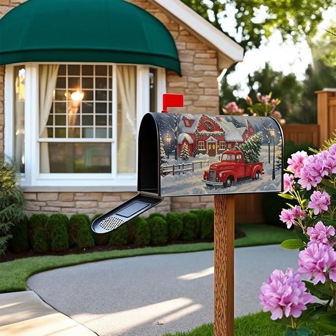 Christmas Mailbox Covers Magnetic Standard Size Red Truck House Xmas Winter Scene Mailbox Wraps Holiday Themed Outdoor Decorative Letter Box Cases for Home Garden Outside Decor, 21x18 Inch
