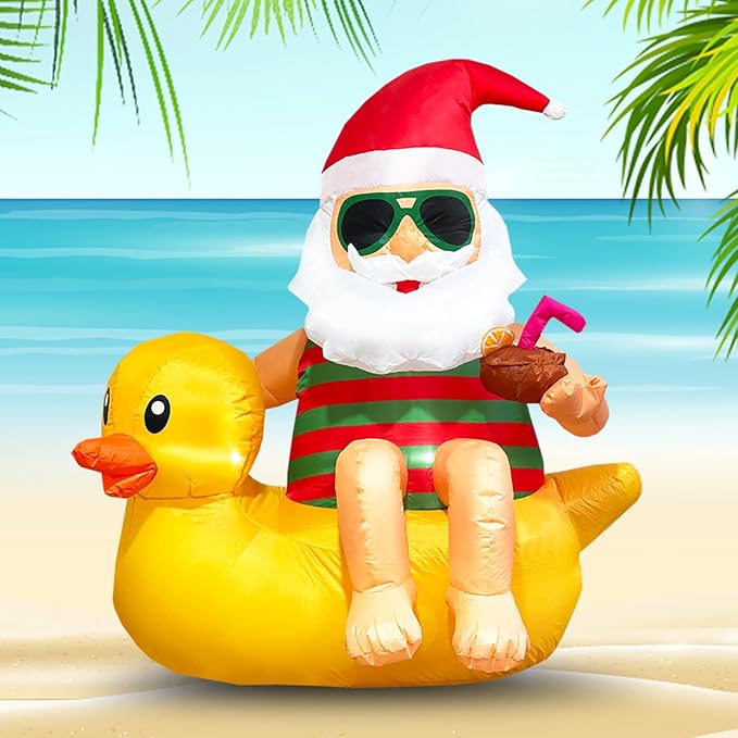 4.5FT Christmas Inflatable Outdoor Decoration Santa on Duck Inflatable Christmas Decoration Cute Blow Up Duck Santa Claus Inflatable with LED Lights for Yard Garden Lawn Xtmas Party Decor