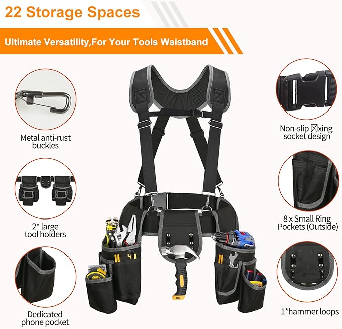 Tool Belt with Suspenders, Professional Tool Belt for Men, 18-Pocket Adjustable Heavy Duty Tool Organizer for Electrician, Carpenter, Framer, Construction Worker, Black & Blue (32''–66'')