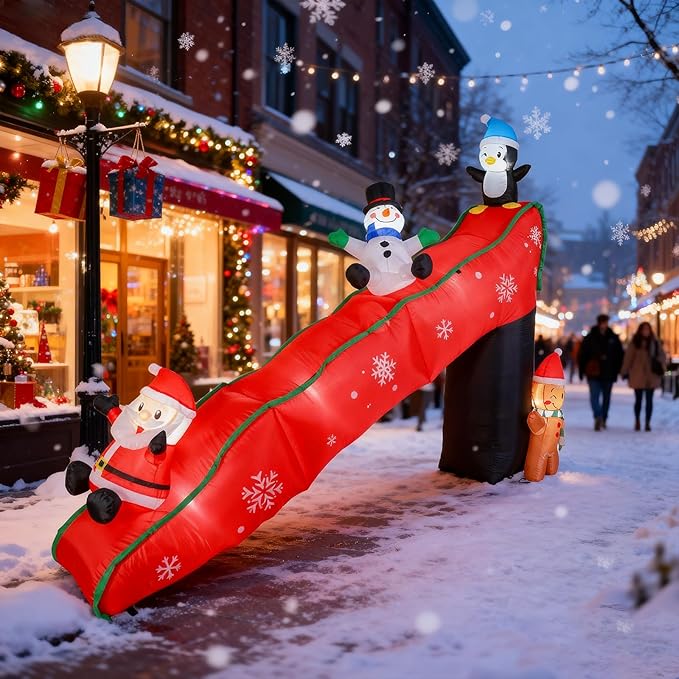 VCUTEKA Christmas Inflatables Outdoor Decorations, 9.7FT Snowy Slide with Santa, Snowman, Penguin, Gingerbread Man, Animated Christmas Inflatable Yard Decoration LED Lights for Holiday Lawn Garden