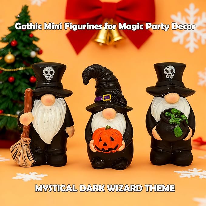 Dark Wizard Gnomes Set of 3 - Gothic Mini Figurines for Halloween, Christmas & Magic Party Decor, Shelf Sitters and Tiered Tray