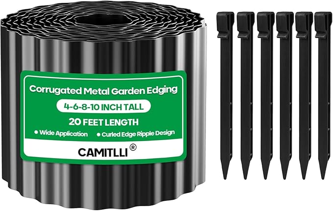 Corrugated Metal Garden Edging,Sturdy Tall Landscape Edging Borders with 6pcs Anchor Stakes, Perfect DIY for Flower Beds, Lawn and Pathway,Tree Surrounds,Paver Edges (Black 6"×20FT)