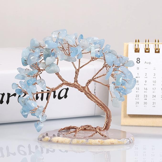 mookaitedecor Natural Aquamarine Crystal Money Tree Agate Slice Base Feng Shui Bonsai Crystal Tree for Wealth Luck Desk Decor, 3-4 Inch High