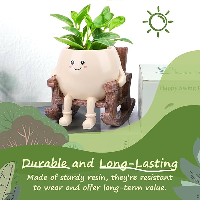 Smily Face Planter Pot, Cute Resin Flower Head Planters for Indoor Outdoor, Unique Sitting Rocking Chairs Succulent Pots, Cute Plant Gifts for Plant Lovers
