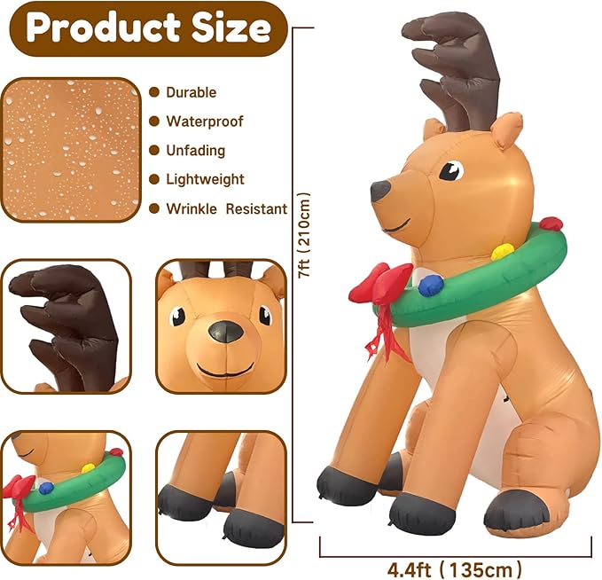 Christmas Inflatables Outdoor Decorations, 7FT Giant Reindeer Inflatable Yard Decor, Cute Xmas Blow Up Deer with Led Lights for Indoor Holiday Party Winter Outside Lawn Garden
