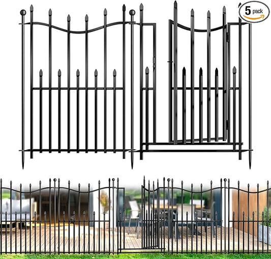5 Panels No Dig Decorative Garden Fence with Gate, 32in(H) × 11ft(L) Heavy-Duty Rustproof Metal Panels, Outdoor Dog Barrier for Yard & Patio, Landscape, Border| Portable Temporary Fencing