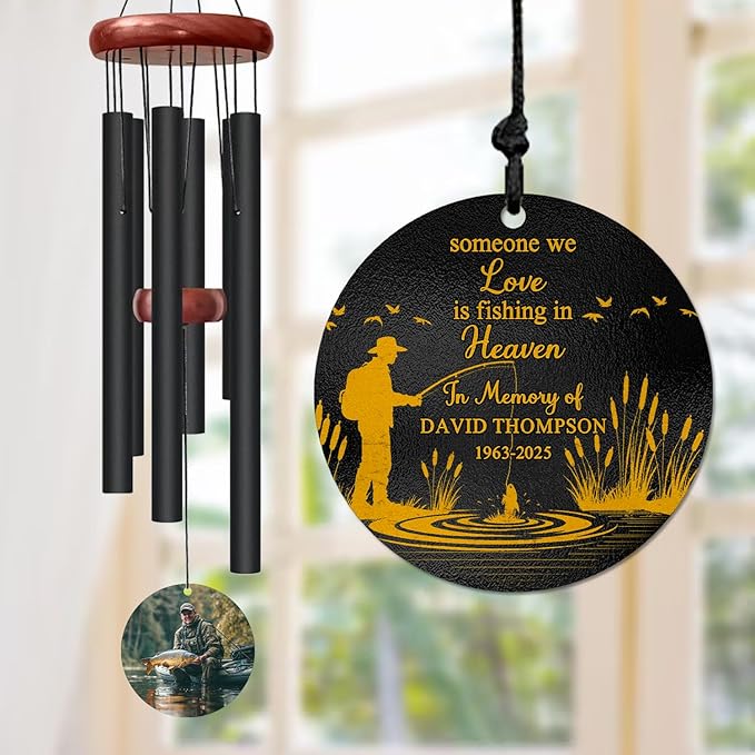 Personalized Fishing Memorial Wind Chime with Photo – “Someone We Love is Fishing in Heaven” Custom Name, Years & Picture – Outdoor Sympathy Gift for Fishermen – in Loving Memory Remembrance Chime